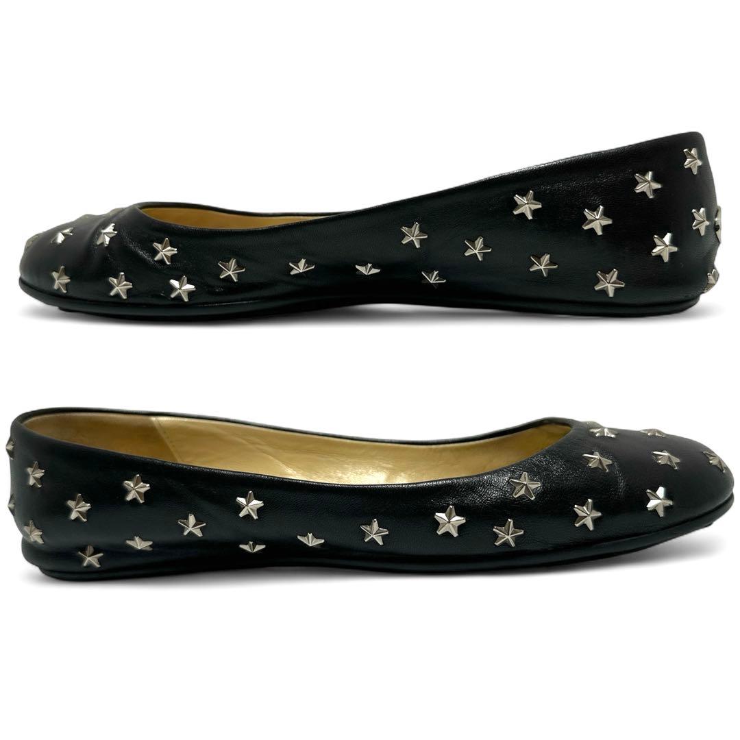 美品✨ジミーチュウ 37/24㎝ フラット パンプス スタースタッズ レザー 黒