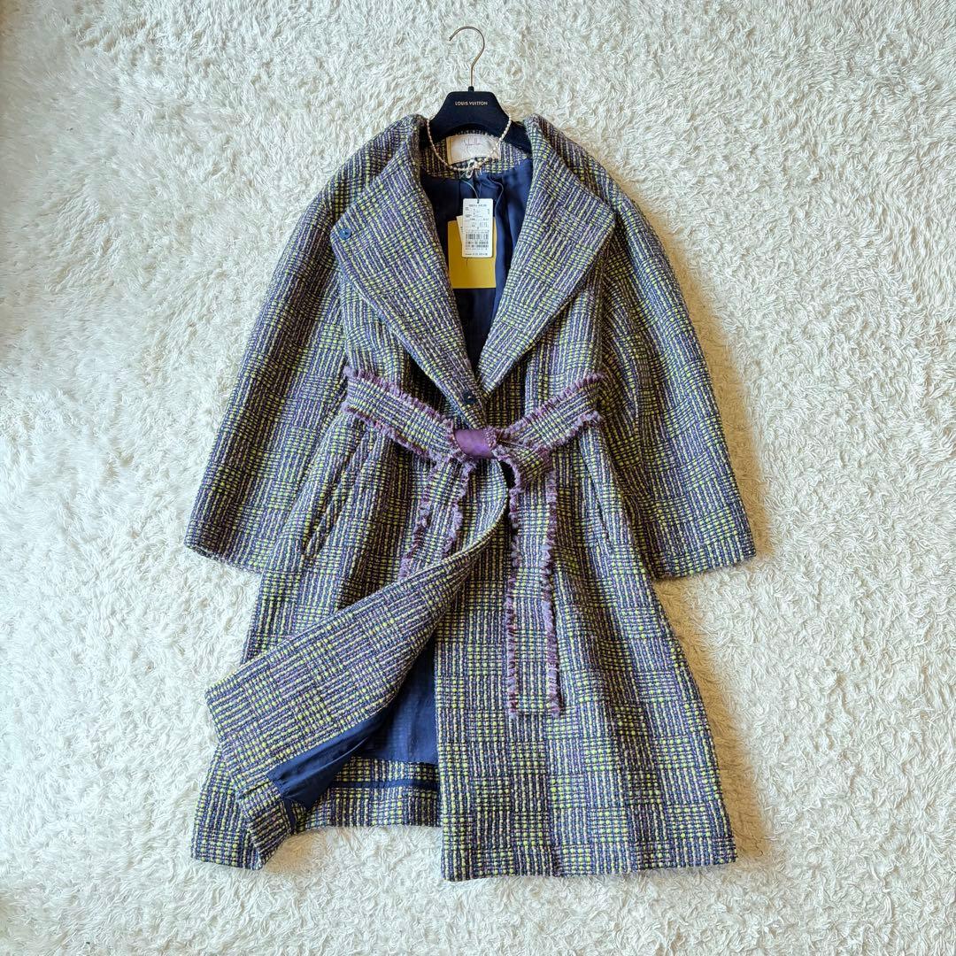 未使用タグ付き✨シビラ　ミックスツイード　ロングコート　ベルト付き　女優襟　L