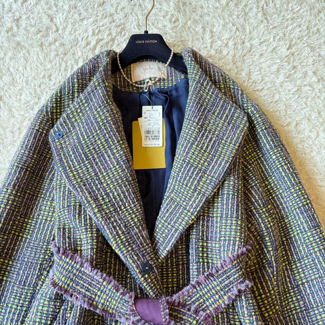 未使用タグ付き✨シビラ　ミックスツイード　ロングコート　ベルト付き　女優襟　L