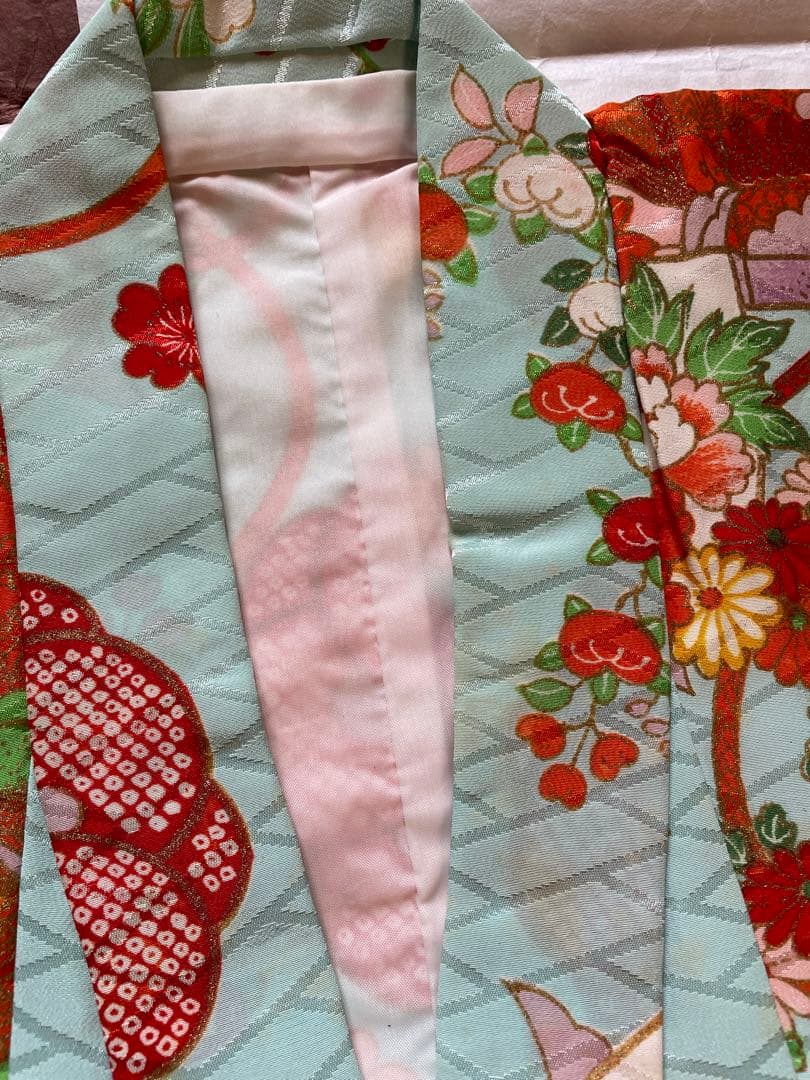 七五三 着物一式 青色 花柄 女の子 アンティーク 7歳着物　753