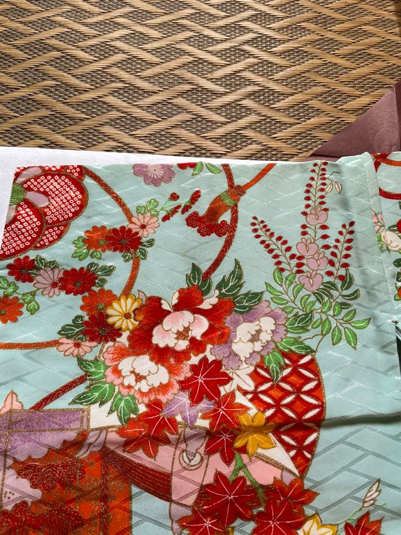 七五三 着物一式 青色 花柄 女の子 アンティーク 7歳着物　753