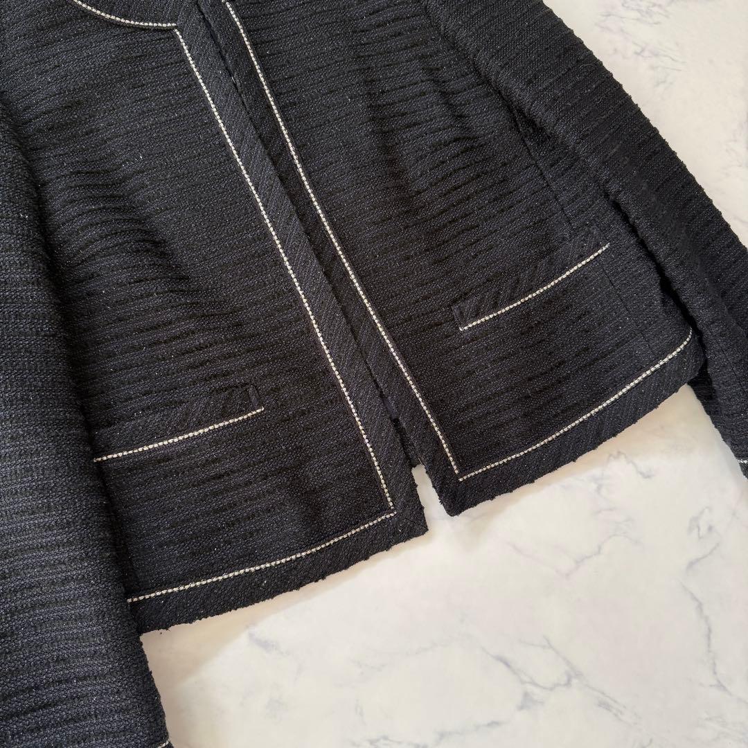 未使用級　23区　ノーカラー　ツイード　ジャケット　44 濃紺　ラメ