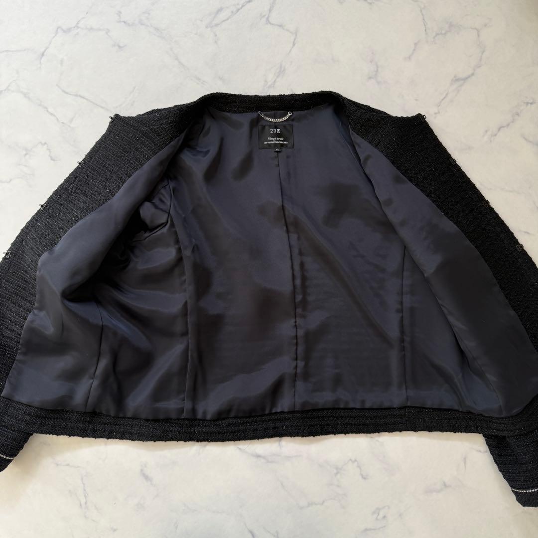 未使用級　23区　ノーカラー　ツイード　ジャケット　44 濃紺　ラメ