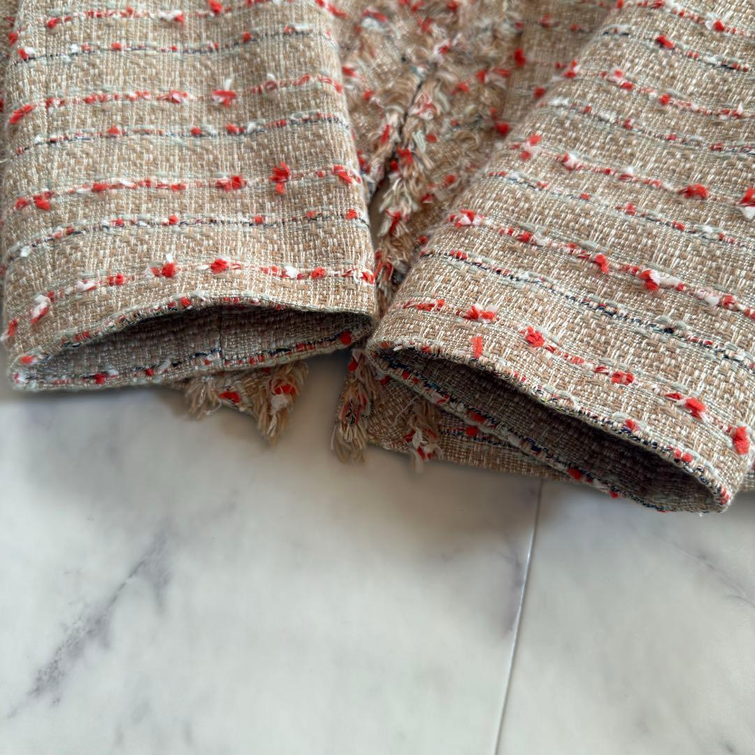 美品★フォクシー 近年 定価13万 ツイードノーカラージャケット サンドマルチ