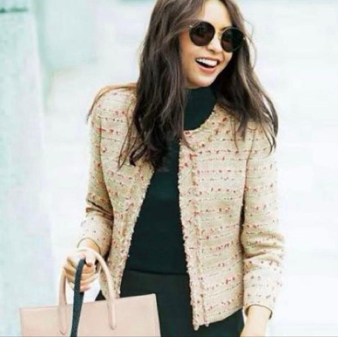 美品★フォクシー 近年 定価13万 ツイードノーカラージャケット サンドマルチ