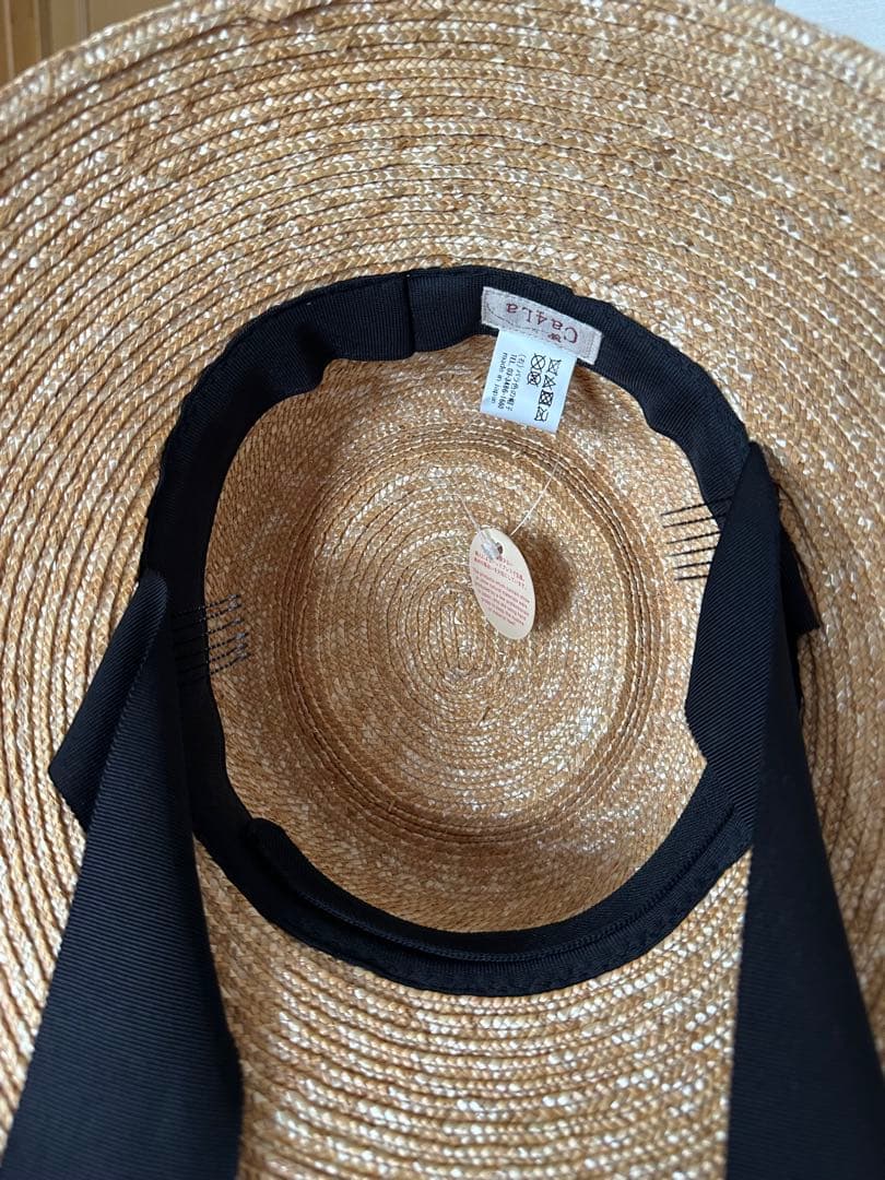 Ca4la ベージュストローハット 黒リボン付き