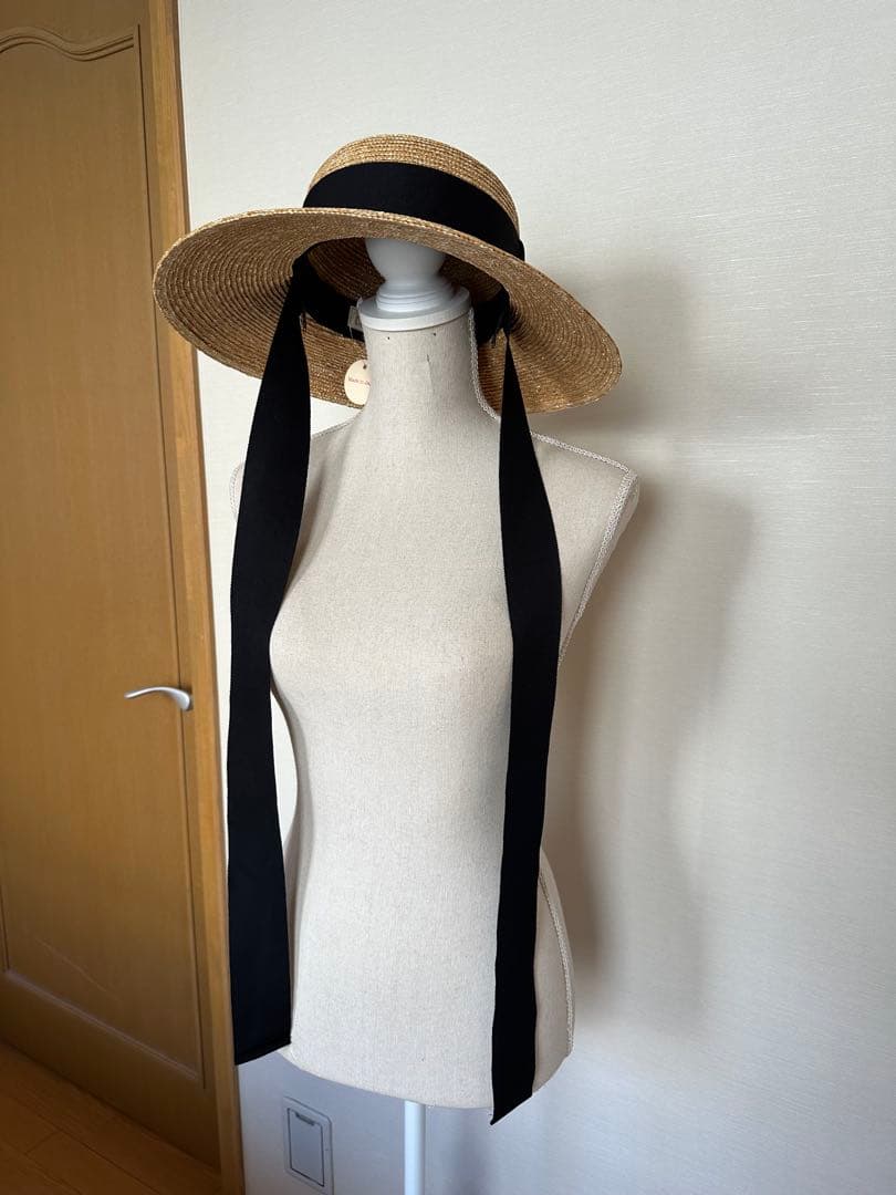 Ca4la ベージュストローハット 黒リボン付き