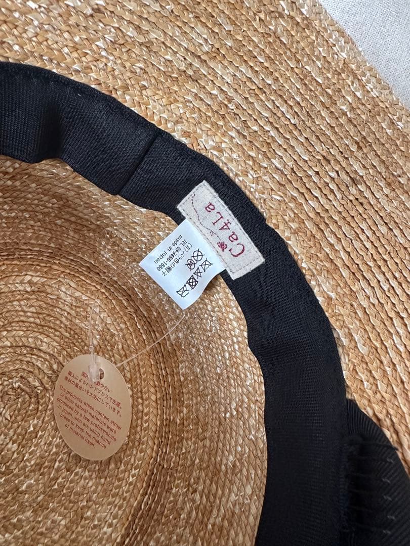 Ca4la ベージュストローハット 黒リボン付き