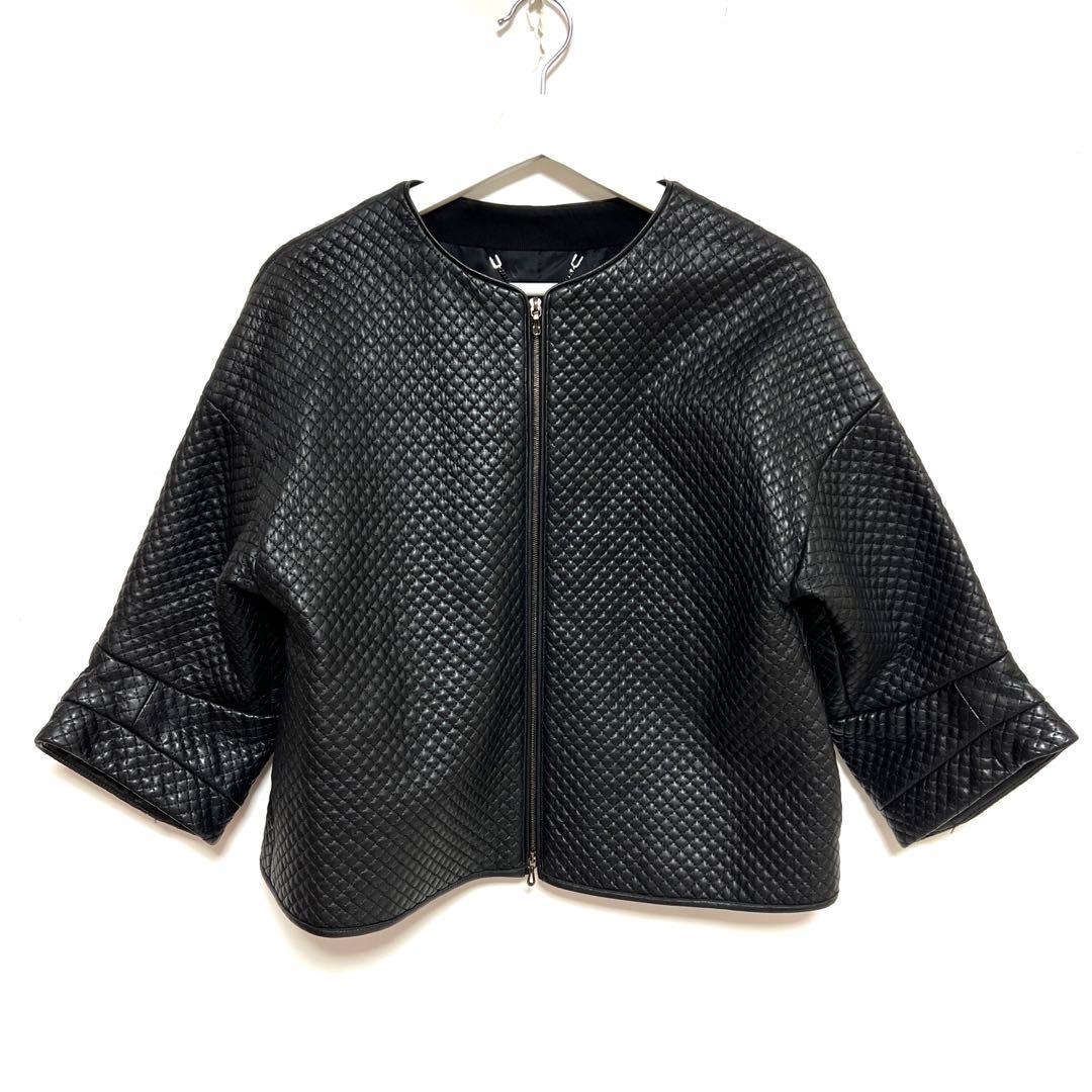 ADORE ラムレザー キルティング ノーカラージャケット 38 ブラック 古着