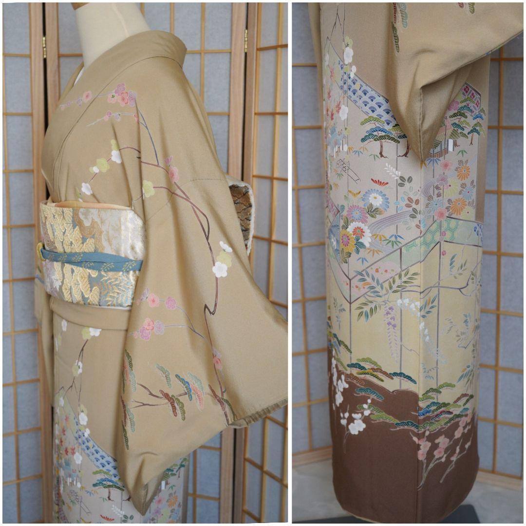 薄茶色に古典柄訪問着コーディネートフルセット 正絹 袷 七五三や入学式卒業式など