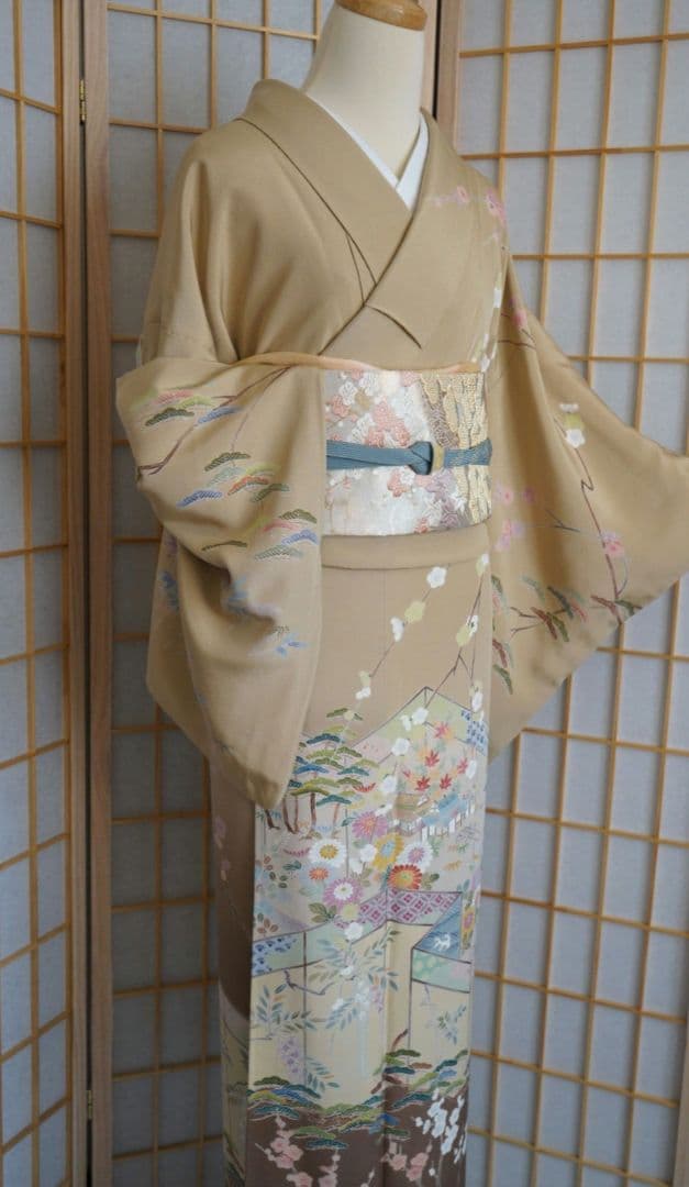 薄茶色に古典柄訪問着コーディネートフルセット 正絹 袷 七五三や入学式卒業式など