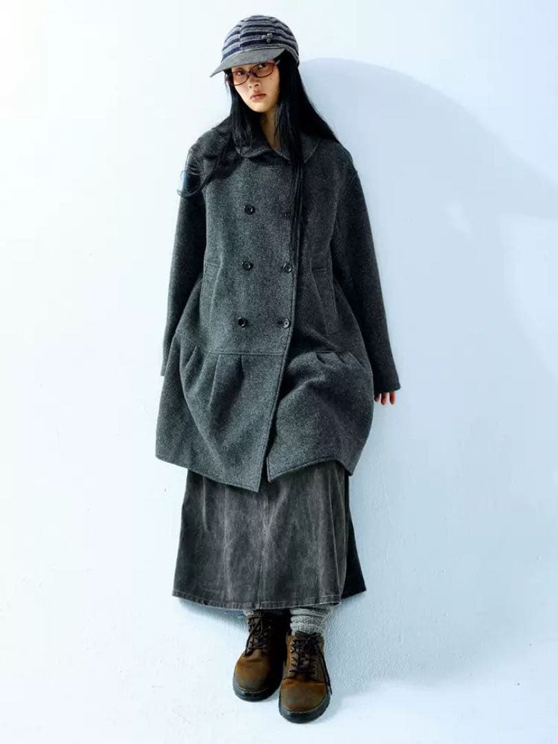 Coyseio グレー ダブルブレスト ロングコート