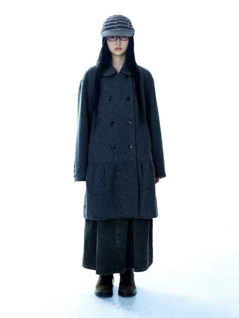 Coyseio グレー ダブルブレスト ロングコート