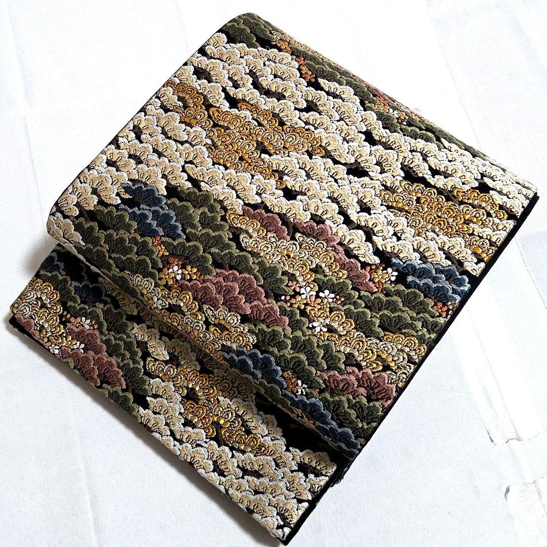 A5◆着物くつろぎ 唐織 松づくし文 金糸 黒 六通 正絹 フォーマルな袋帯