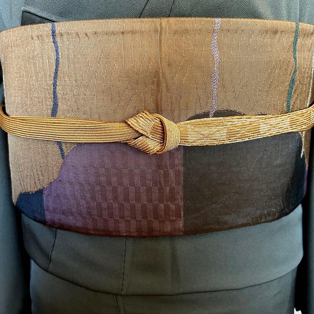 【トールサイズ】正絹 付け下げ カーキ色系 刺繍 紋無し 袷着物 ①