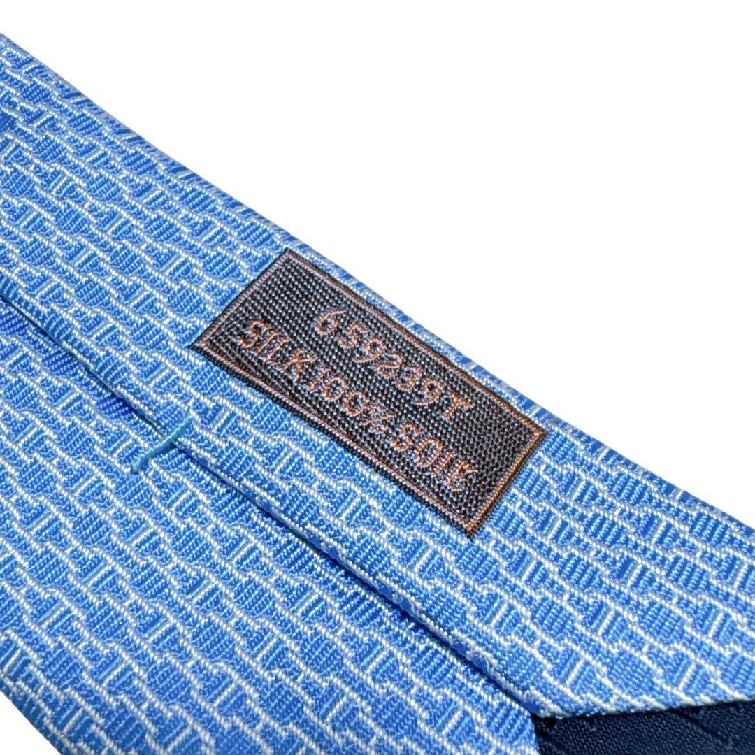 HERMES エルメス ネクタイ 水色 ファソネ Hロゴ ジャガード 肉厚