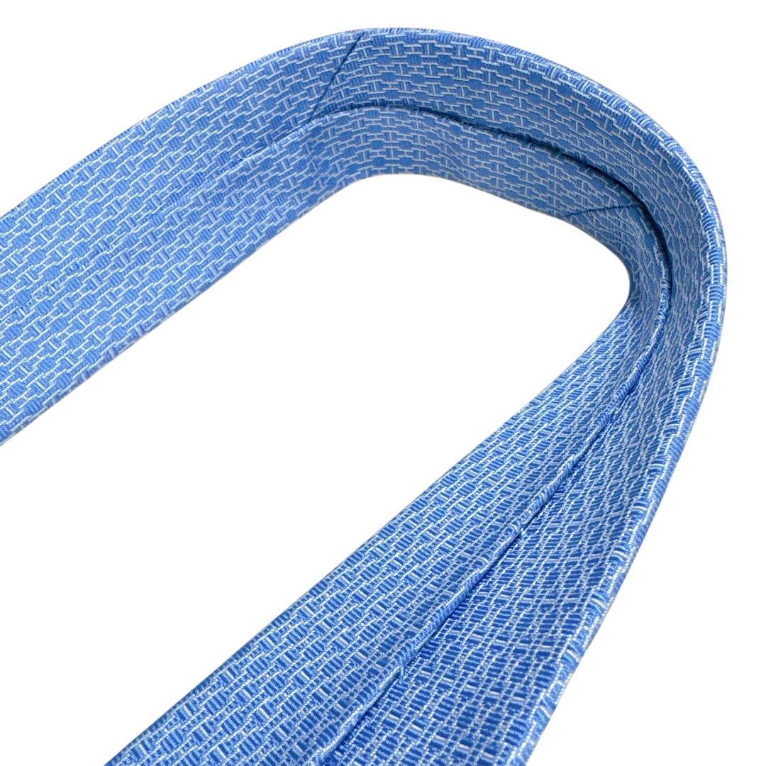 HERMES エルメス ネクタイ 水色 ファソネ Hロゴ ジャガード 肉厚