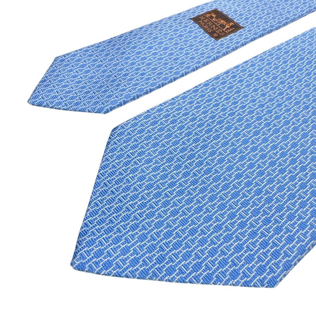 HERMES エルメス ネクタイ 水色 ファソネ Hロゴ ジャガード 肉厚