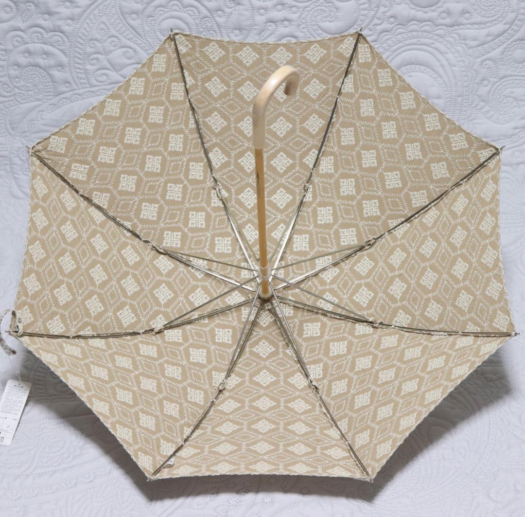 新品【長傘 日傘】綿100％ 高級感 幾何学立体総刺繍 木製 日傘 日本製