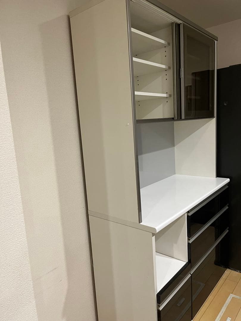 木製キッチンカウンター 食器棚　カップボード　ホワイト・ダークブラウン
