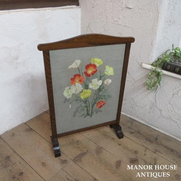 イギリス アンティーク 家具 ファイヤースクリーン 衝立 刺繍 英国 6940d