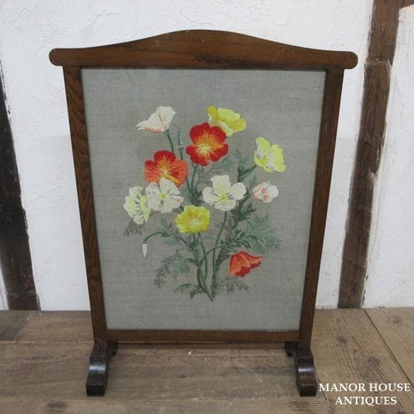 イギリス アンティーク 家具 ファイヤースクリーン 衝立 刺繍 英国 6940d