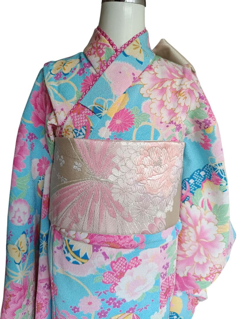 白シルバーに蝶や花模様の作り帯☆七五三