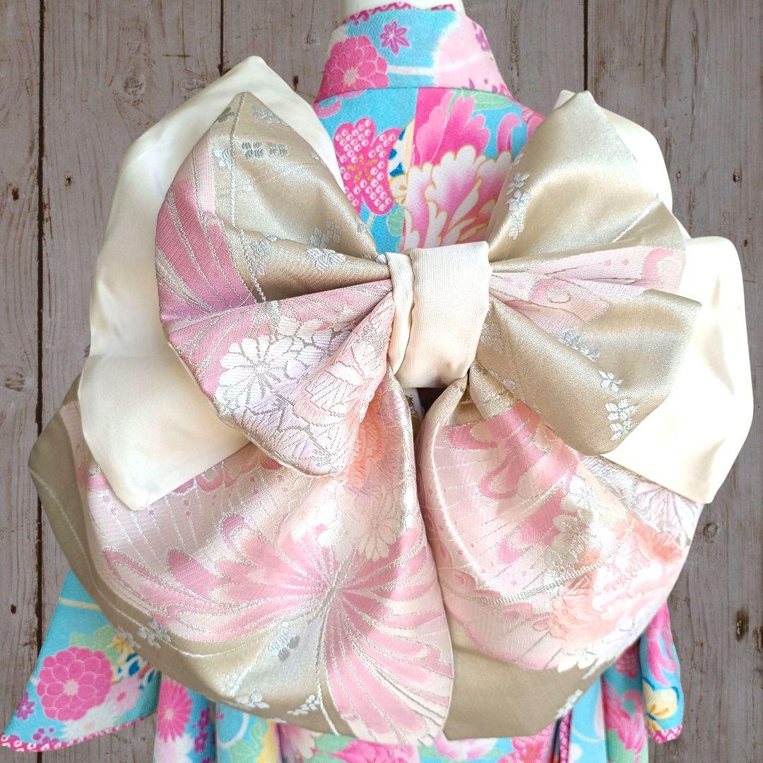 白シルバーに蝶や花模様の作り帯☆七五三