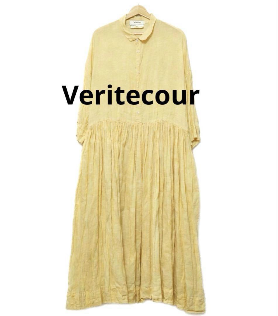 ヴェリテクール 日本製 リネン　ギャザーワンピース ロング シャツ イエロー　麻