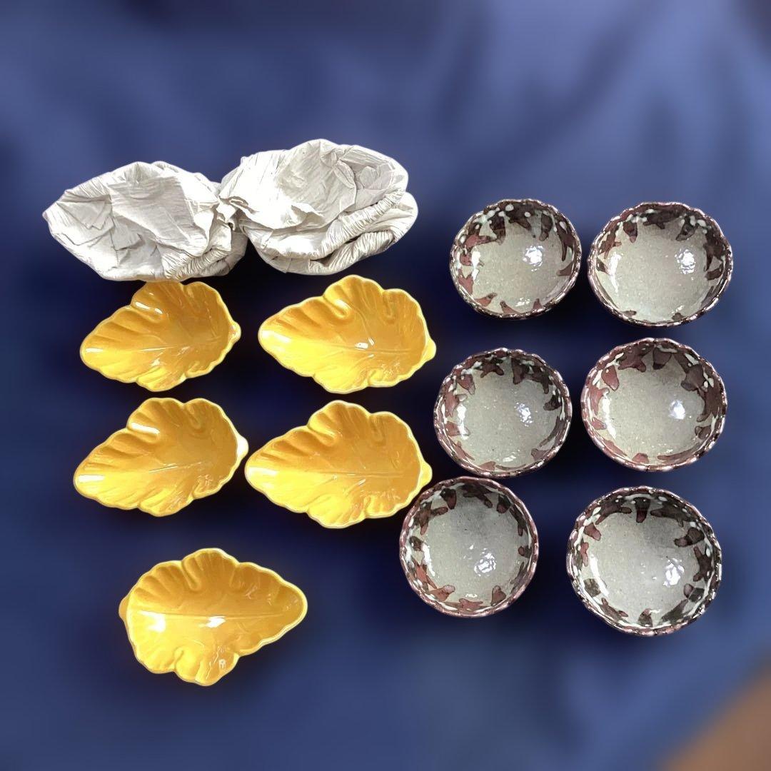 ｋｅｎｇｏｔ　　京焼乾山写雪笹少々鉢6客　黄交チ葉型小皿10客　　新品