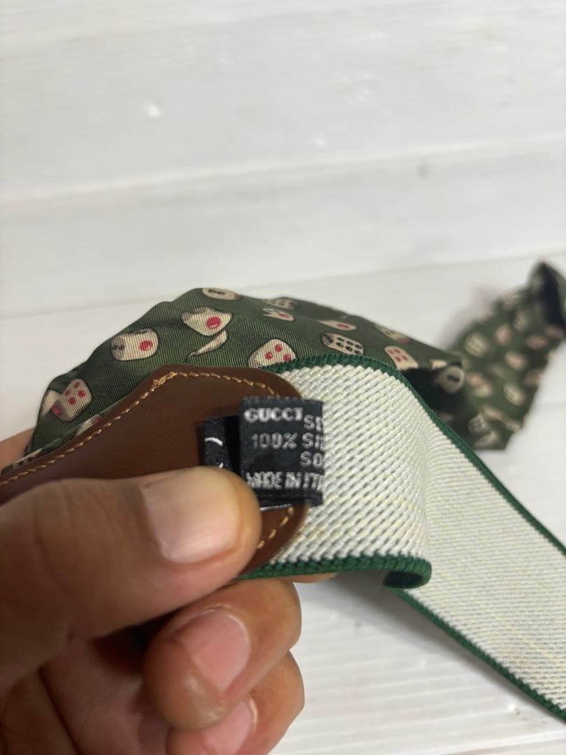 GUCCIグッチ伊製サイコロダイス柄シルク×本革サスペンダーベルト緑グリーン