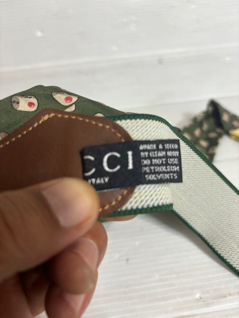GUCCIグッチ伊製サイコロダイス柄シルク×本革サスペンダーベルト緑グリーン