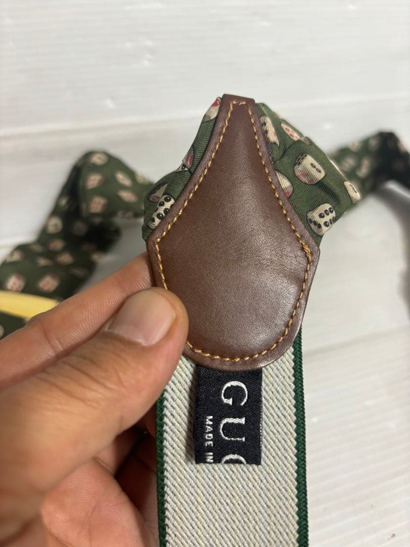 GUCCIグッチ伊製サイコロダイス柄シルク×本革サスペンダーベルト緑グリーン