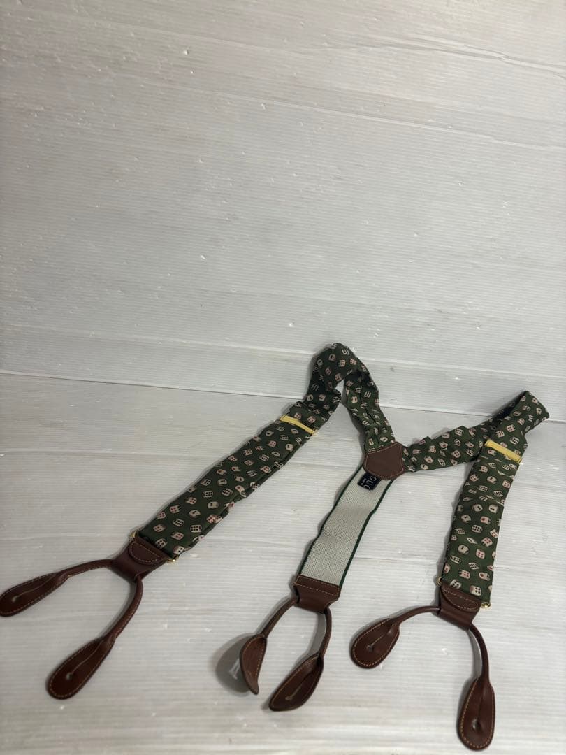 GUCCIグッチ伊製サイコロダイス柄シルク×本革サスペンダーベルト緑グリーン