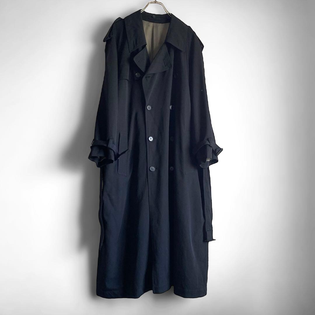 80s90s 日本製 DOMON ウールギャバジン ロングトレンチコート 黒 M
