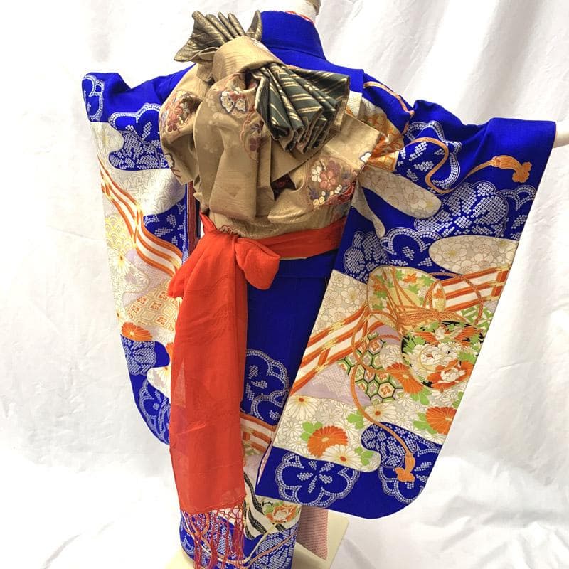 503ag52■七五三 七歳 女児 着物&袋帯&長襦袢 鼓 金彩 菊■状態良好