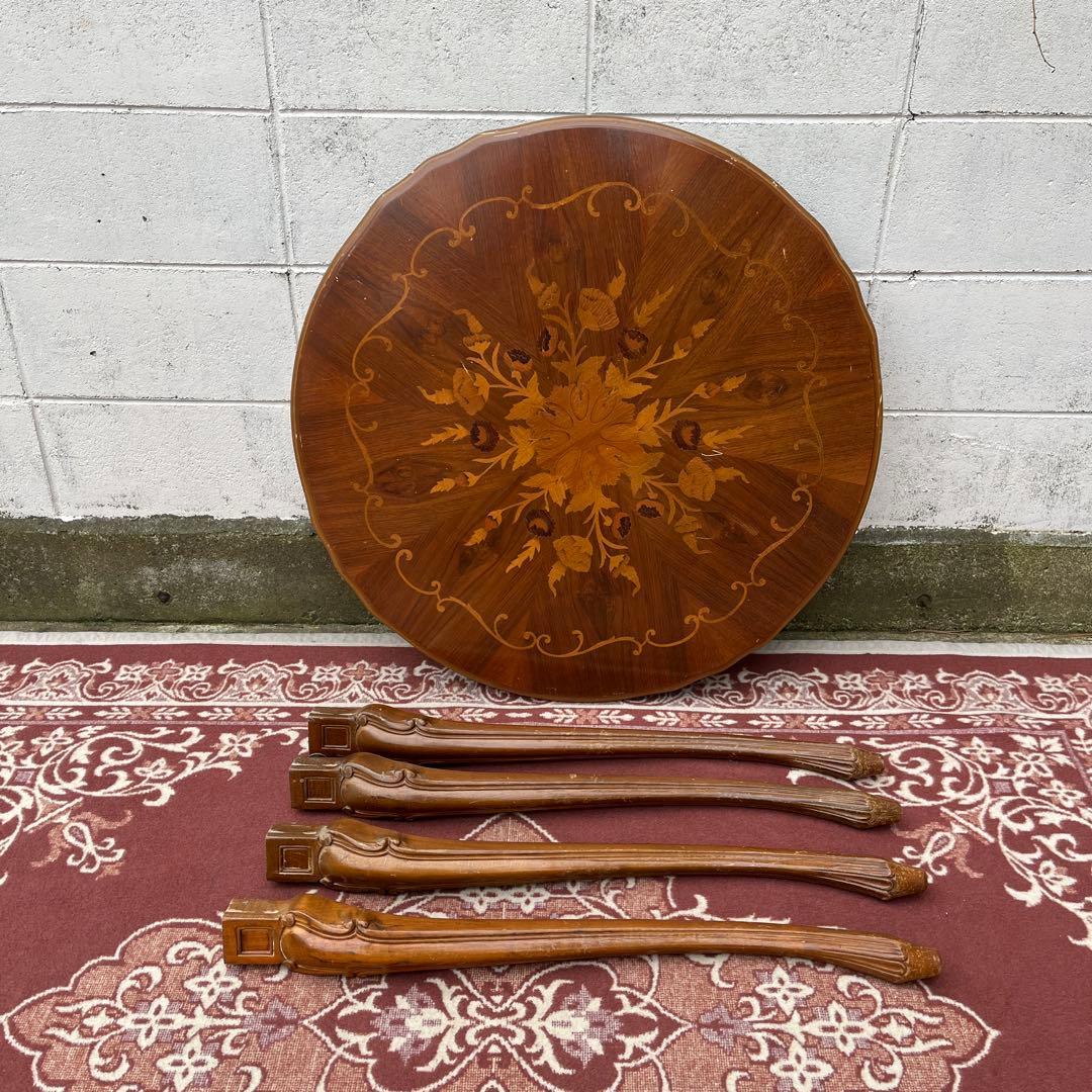 ビンテージ古家具◾️象嵌デザイン×猫脚 ラウンドテーブル 丸テーブル アンティーク