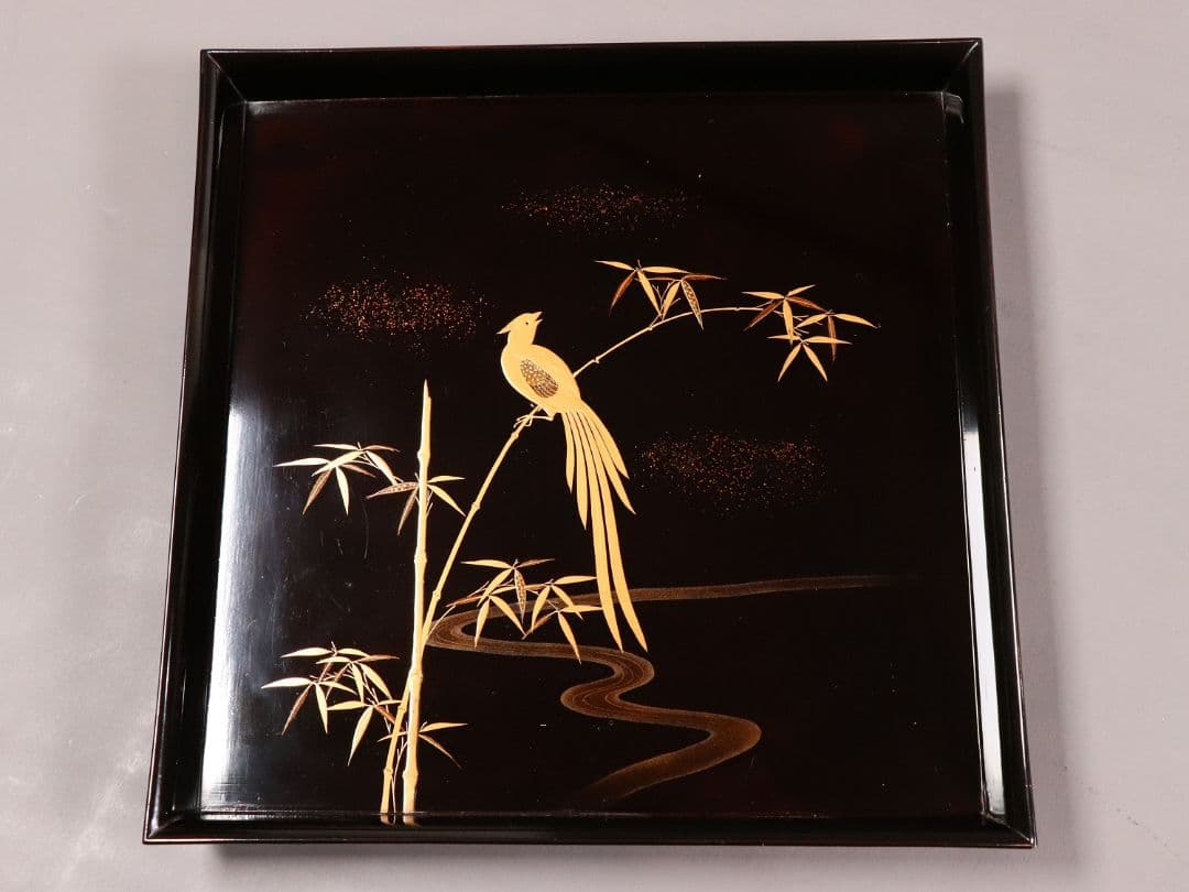 CM81 時代木製漆器 流水笹竹尾長鳥 金蒔絵 黒塗 四方膳 足付 五客 吸物膳