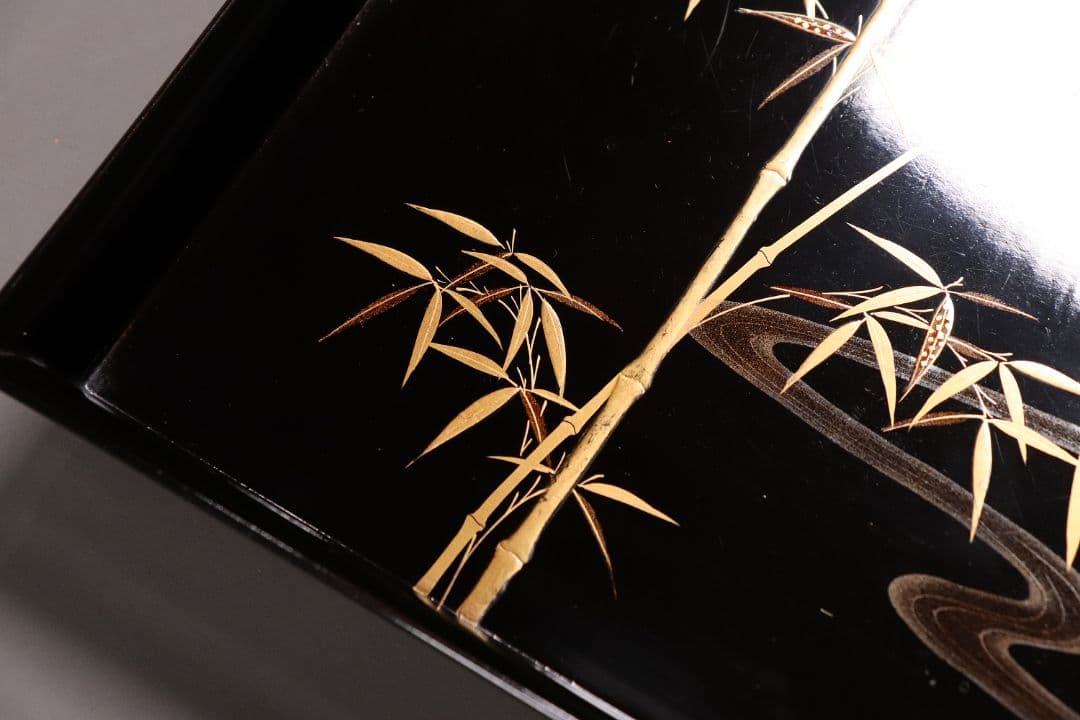 CM81 時代木製漆器 流水笹竹尾長鳥 金蒔絵 黒塗 四方膳 足付 五客 吸物膳
