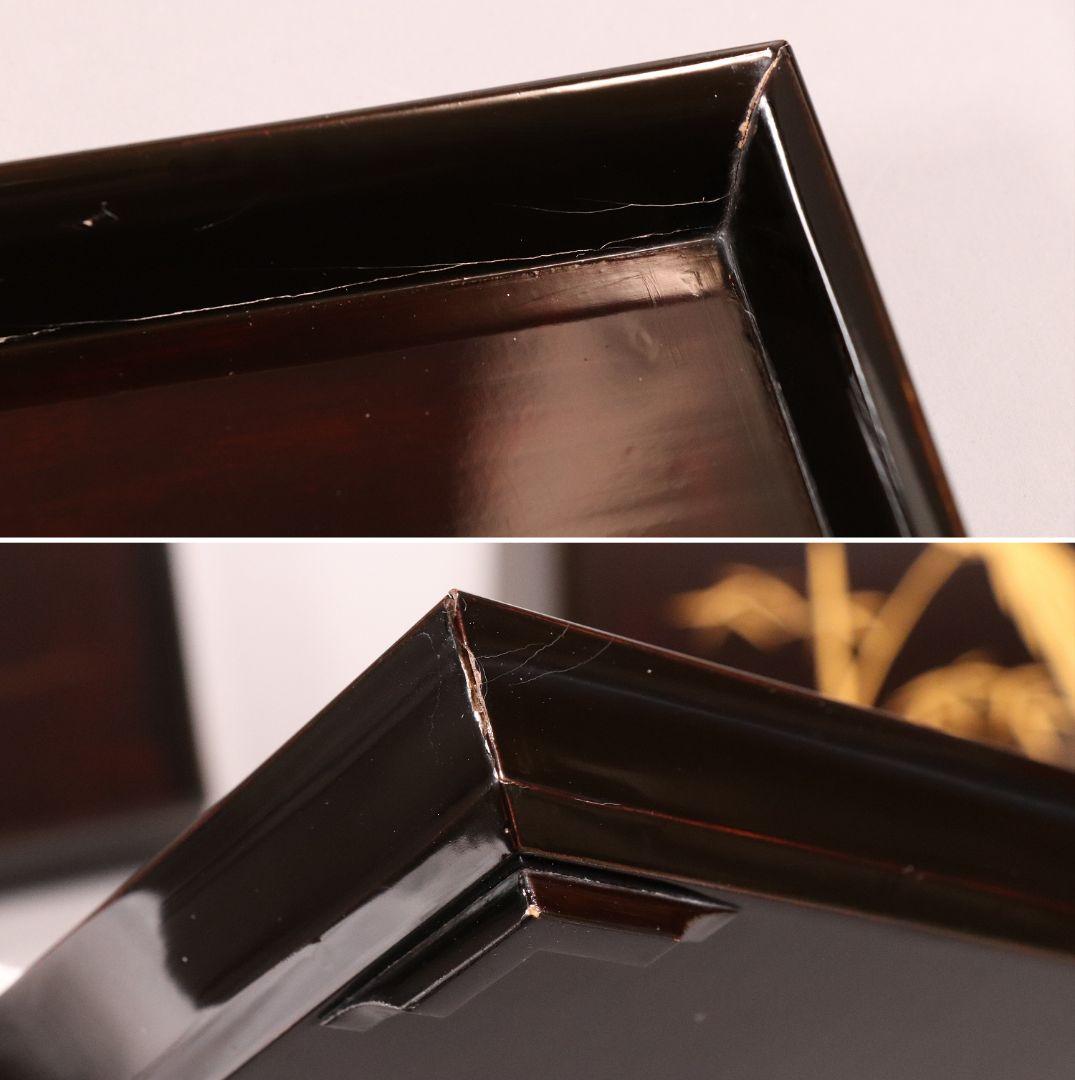 CM81 時代木製漆器 流水笹竹尾長鳥 金蒔絵 黒塗 四方膳 足付 五客 吸物膳