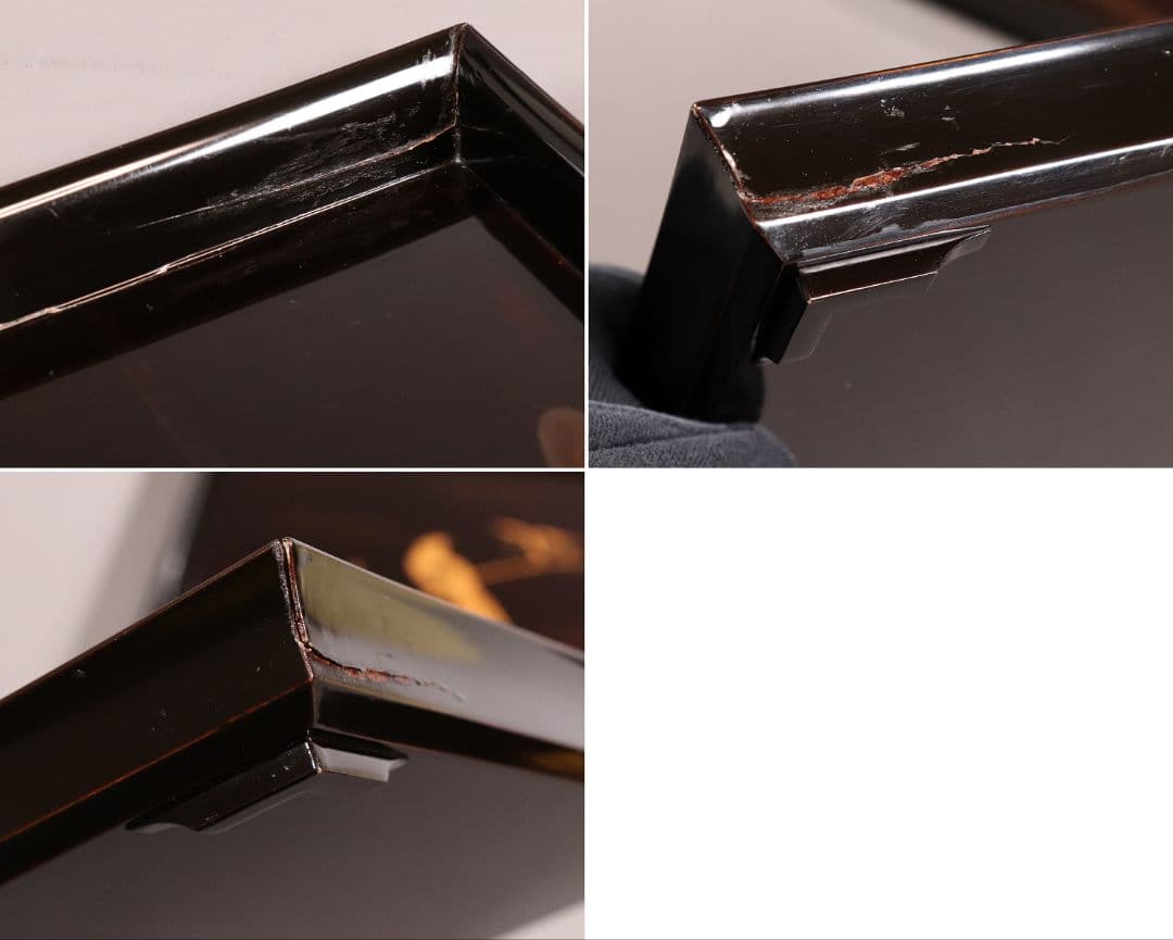 CM81 時代木製漆器 流水笹竹尾長鳥 金蒔絵 黒塗 四方膳 足付 五客 吸物膳