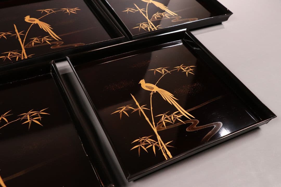 CM81 時代木製漆器 流水笹竹尾長鳥 金蒔絵 黒塗 四方膳 足付 五客 吸物膳