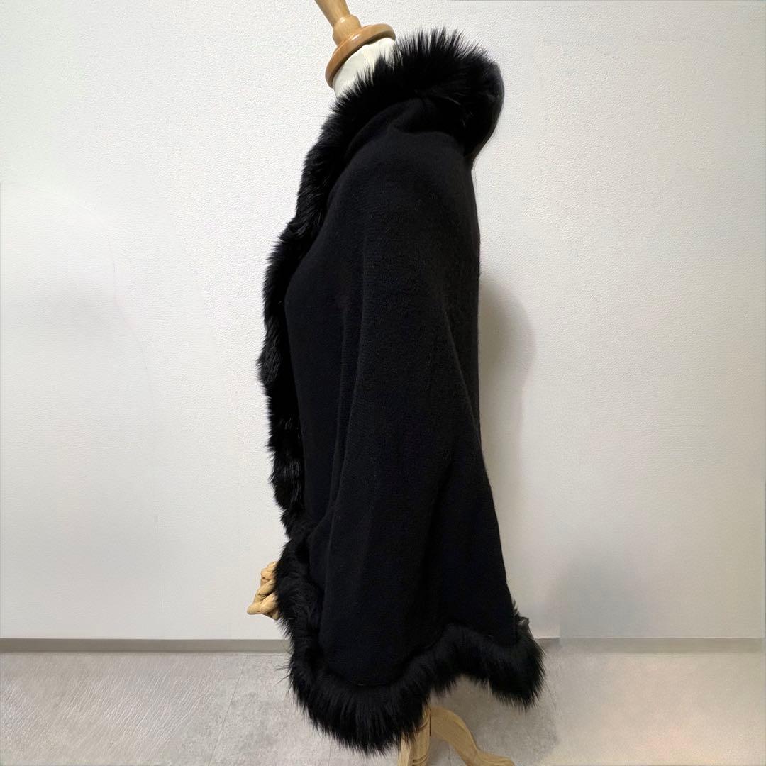 良品 カシミヤ100% ポンチョ フォックスファー 高級感 コート 日本製 黒色