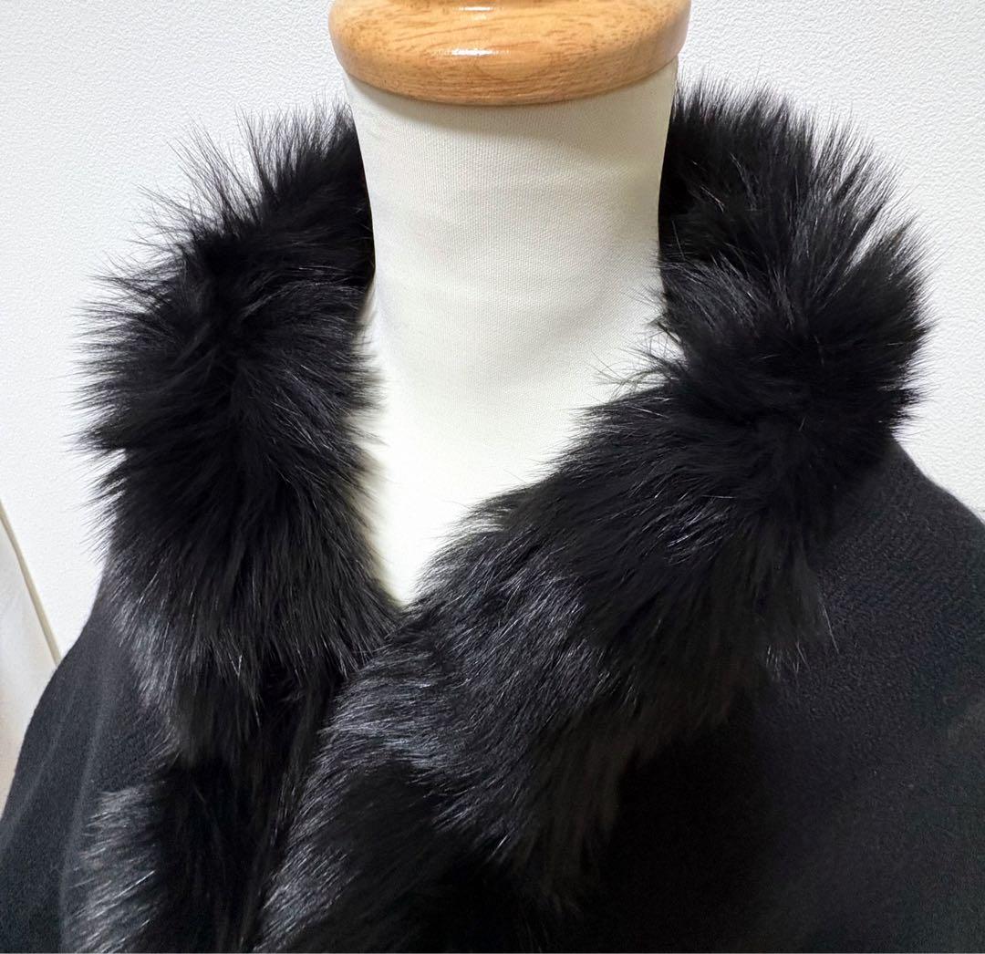 良品 カシミヤ100% ポンチョ フォックスファー 高級感 コート 日本製 黒色