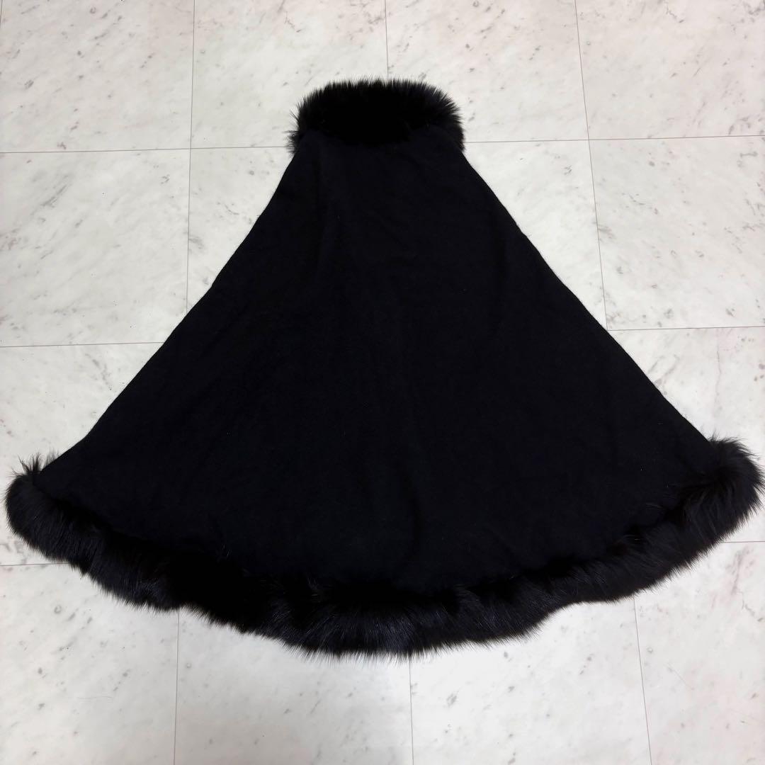 良品 カシミヤ100% ポンチョ フォックスファー 高級感 コート 日本製 黒色