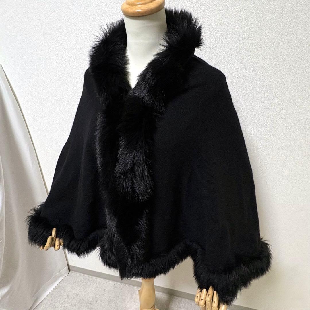 良品 カシミヤ100% ポンチョ フォックスファー 高級感 コート 日本製 黒色