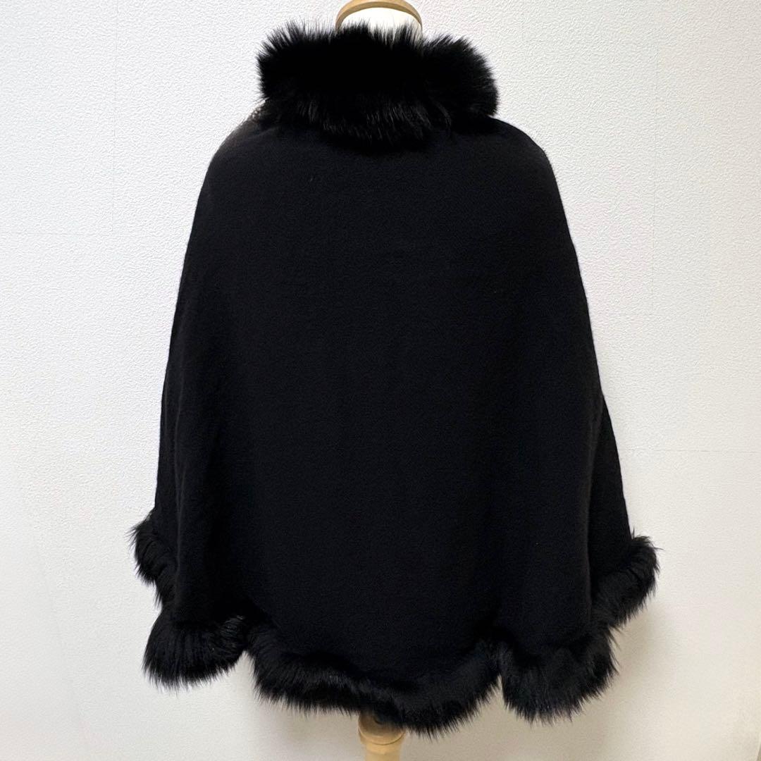良品 カシミヤ100% ポンチョ フォックスファー 高級感 コート 日本製 黒色