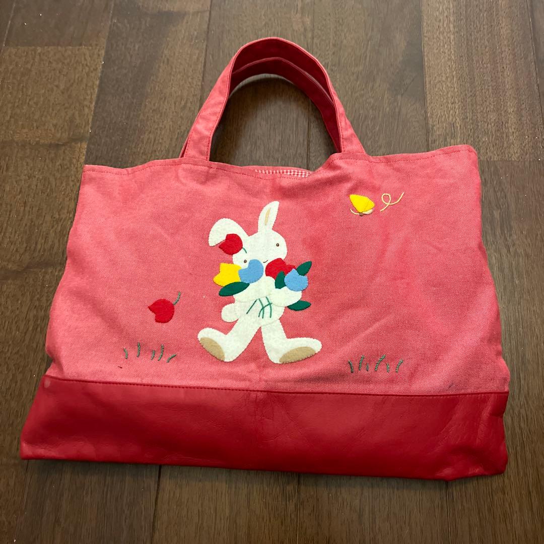 ウサギ刺繍手提げバッグ