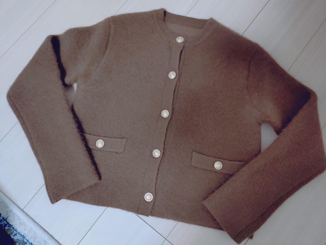 anuans アニュアンス◆ラクーンブレンドノーカラーニットジャケット◆キャメル