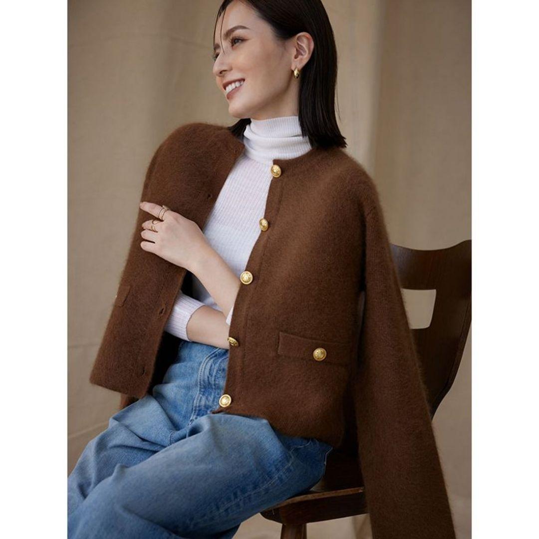 anuans アニュアンス◆ラクーンブレンドノーカラーニットジャケット◆キャメル